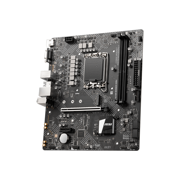 MSI H610M BOMBER DDR4 (MATX) motherboard with its packaging box displayed on a black background