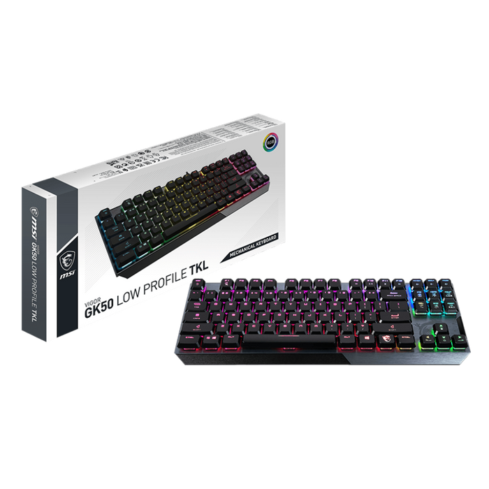 Experience precision gaming with MSI Vigor GK50. Low-profile, clicky keys, and TKL design for more space. Perfect for compact, high-performance setups.