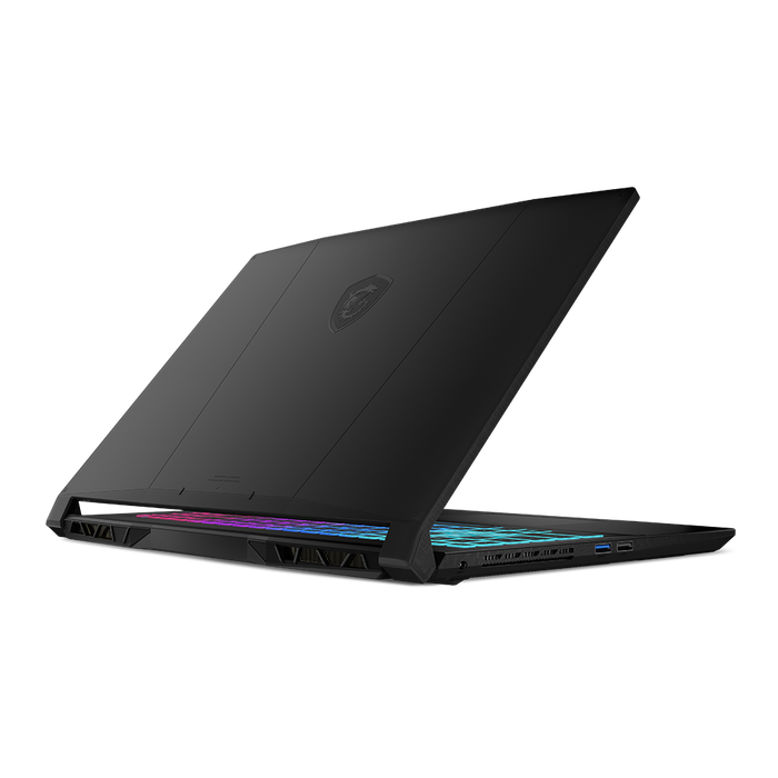 katana gaming series laptops with an integrated thermal cooling fan and a charging port, beside a usb 3.2 port and a usb 2.0 port