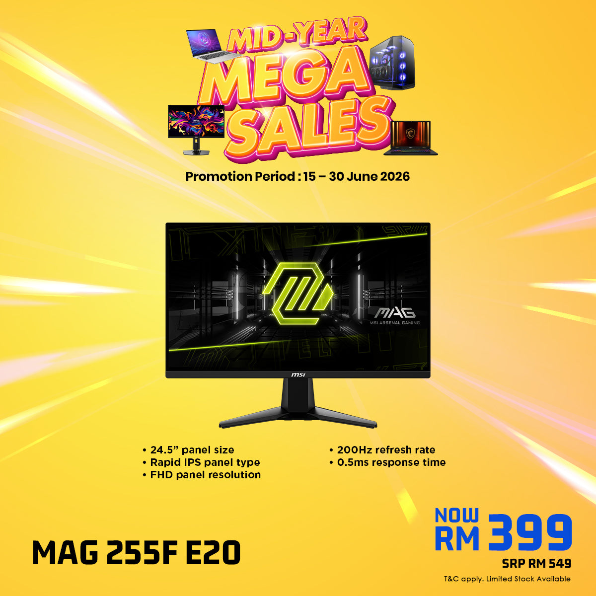 MSI MAG 255F E20 24.5" FHD 200Hz Rapid IPS Gaming Monitor