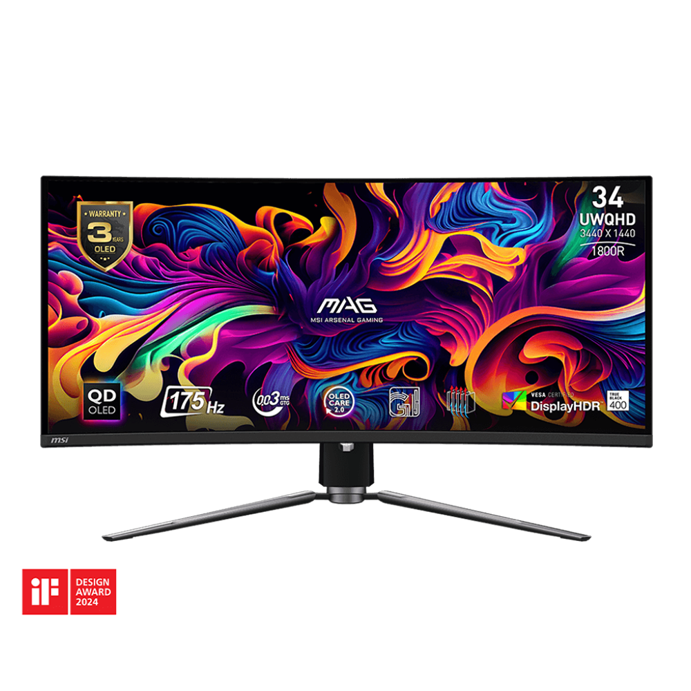 34 inch Curved Gaming Monitor: 175Hz, QD-OLED, 0.03ms, HDR True Black 400, OLED Care 2.0, HDMI 2.1, KVM, 3-year warranty.