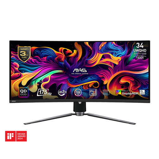 34 inch Curved Gaming Monitor: 175Hz, QD-OLED, 0.03ms, HDR True Black 400, OLED Care 2.0, HDMI 2.1, KVM, 3-year warranty.