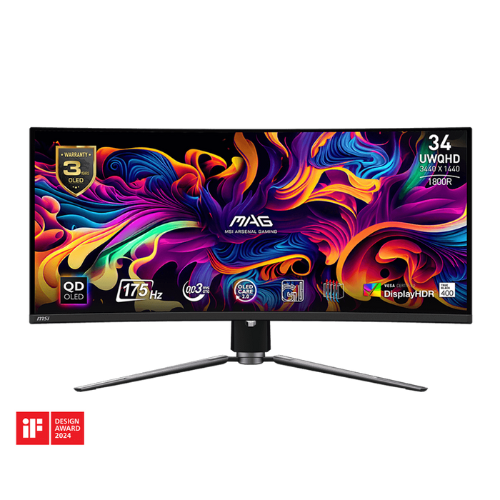 34 inch Curved Gaming Monitor: 175Hz, QD-OLED, 0.03ms, HDR True Black 400, OLED Care 2.0, HDMI 2.1, KVM, 3-year warranty.