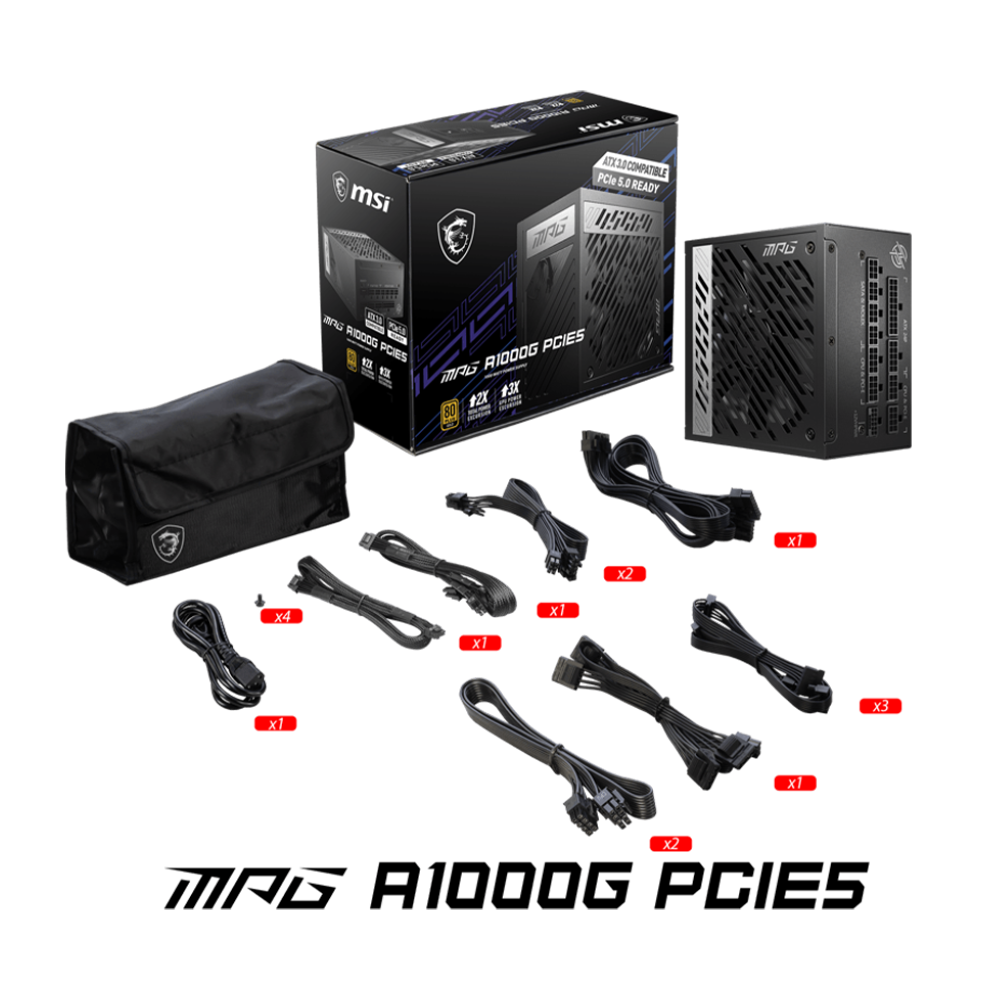 MPG A1000G Pcie5 80 Plus Gold Power Supply Unit For A Computer With Visible Brand Logo On The Top And Various Connectors On The Side. This PSU Includes the packaging box with a wide range of connectivity options