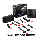 MPG A1000G Pcie5 80 Plus Gold Power Supply Unit For A Computer With Visible Brand Logo On The Top And Various Connectors On The Side. This PSU Includes the packaging box with a wide range of connectivity options