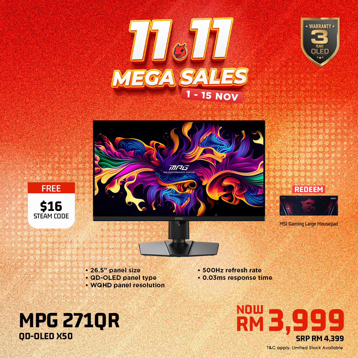 MSI MPG 271QR QD-OLED X50 26.5" WQHD 500Hz QD-OLED Gaming Monitor