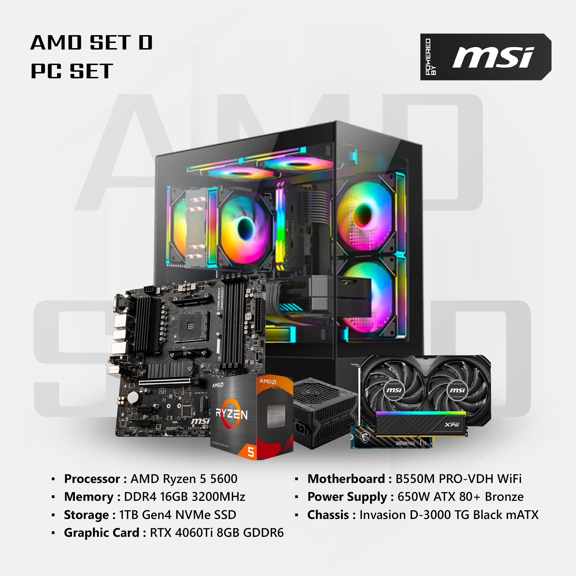 MSI AMD Set D Pc Set (AMD R5, RTX4060TI, 16GB, 1TB SSD)