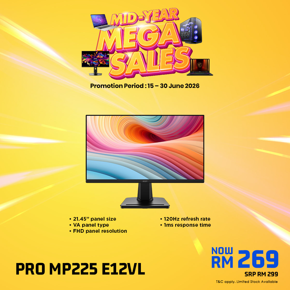 MSI PRO MP225 E12VL 21.45" VA FHD 120Hz Business & Productivity Monitor