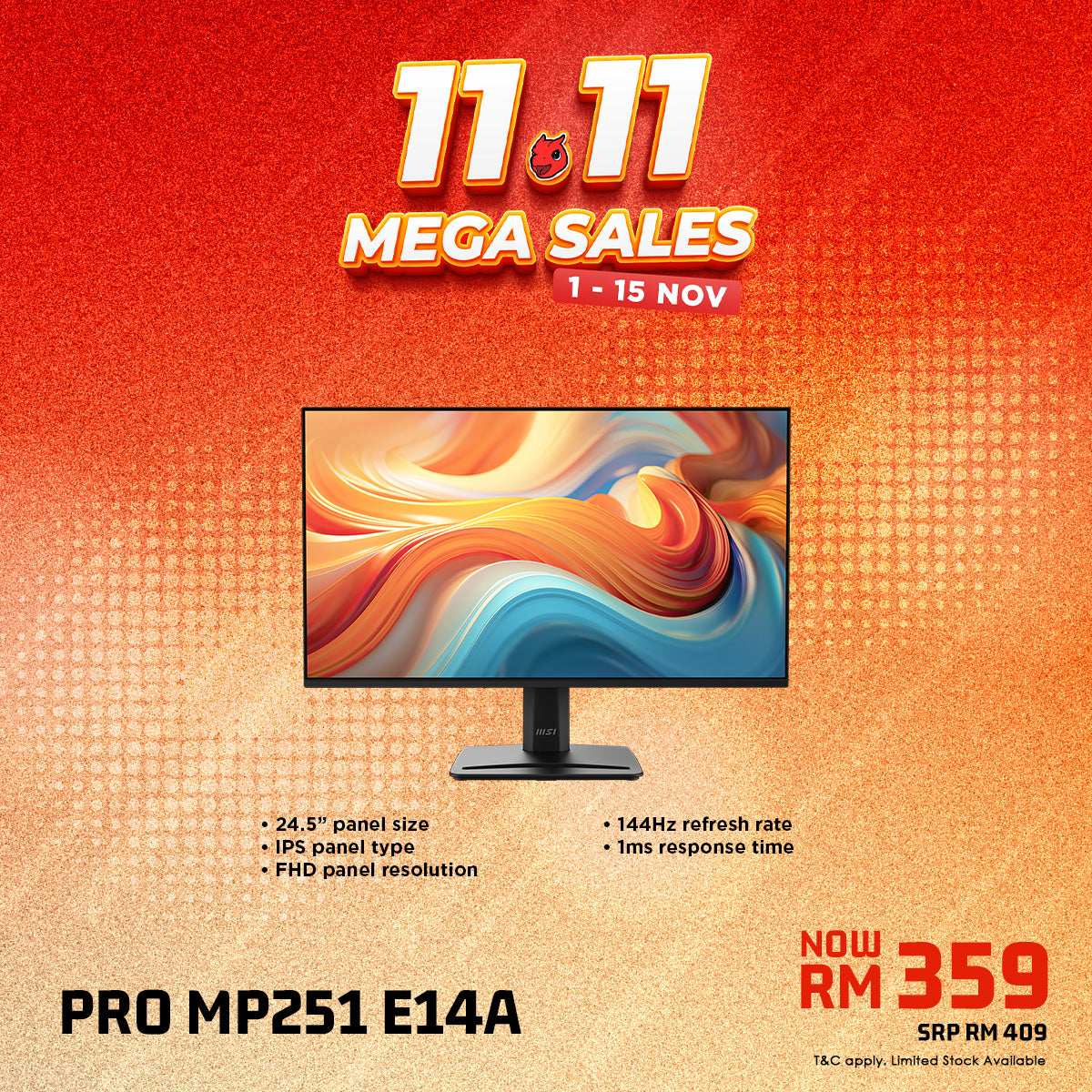 MSI PRO MP251 E14A 24.5" FHD 144Hz IPS Business & Productivity Monitor