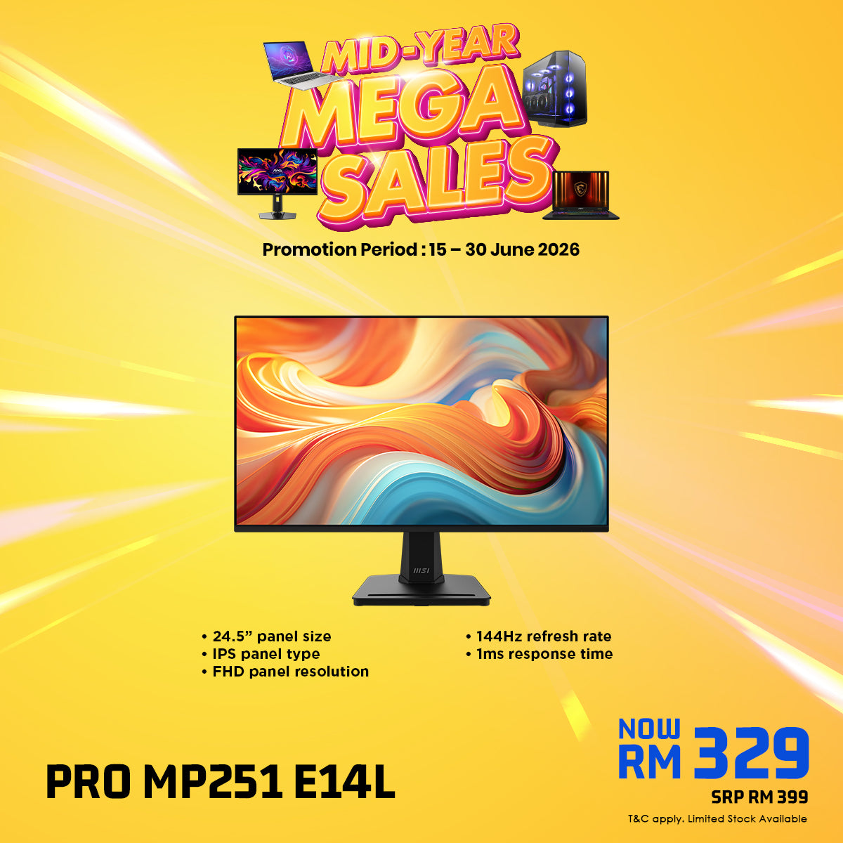 MSI PRO MP251 E14L 24.5" IPS FHD 144Hz Business & Productivity Monitor