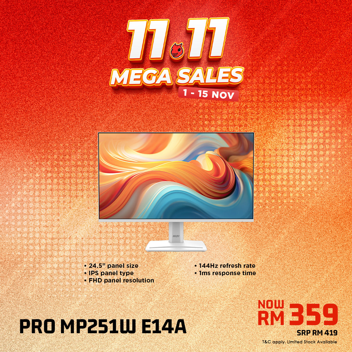 MSI PRO MP251W E14A 24.5" FHD 144Hz IPS Business & Productivity Monitor