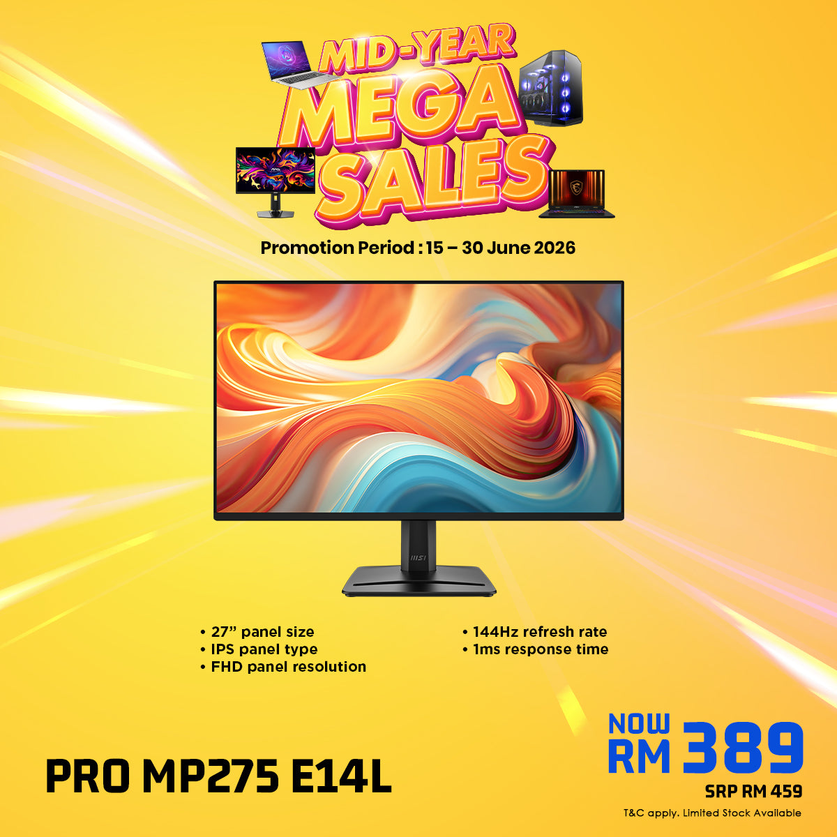 MSI PRO MP275 E14L 27" FHD 144Hz Business & Productivity Monitor