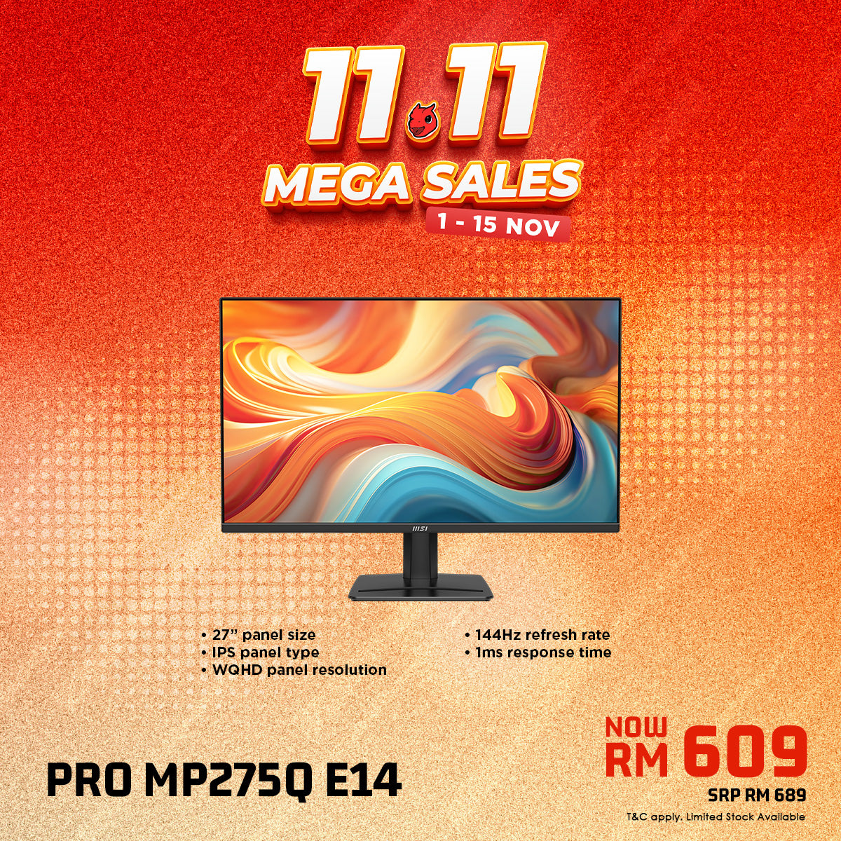 MSI PRO MP275Q E14 27" IPS WQHD 144Hz Business & Productivity Monitor