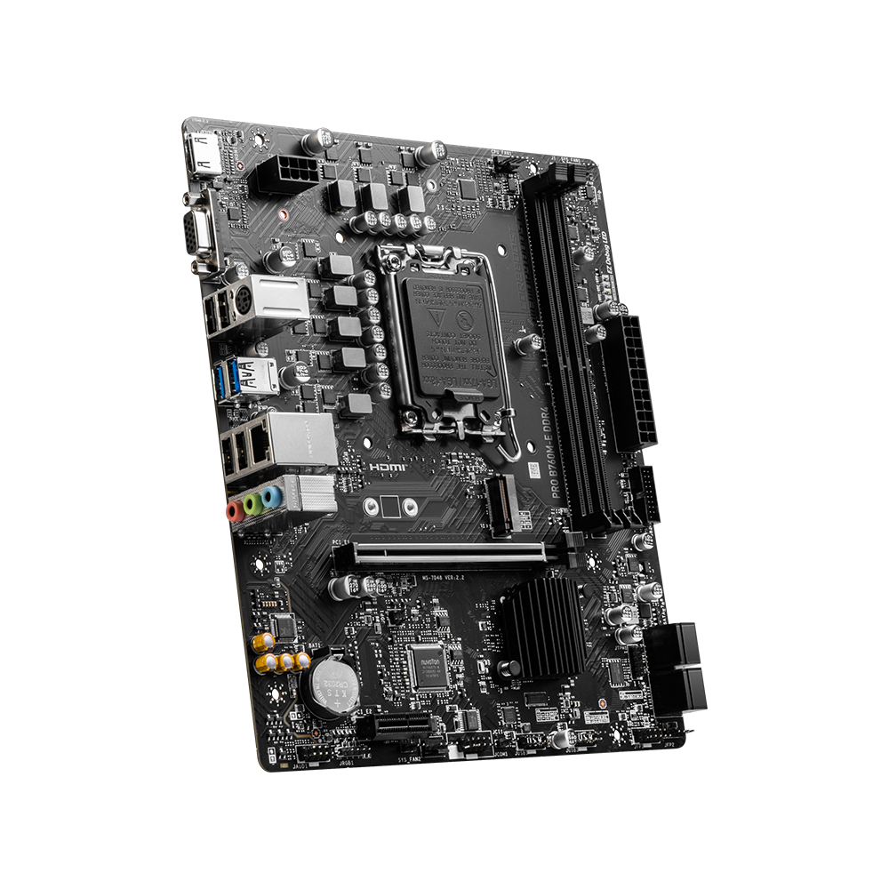 MSI PRO B760M-E DDR4 (MATX) motherboard with its display on a black background.