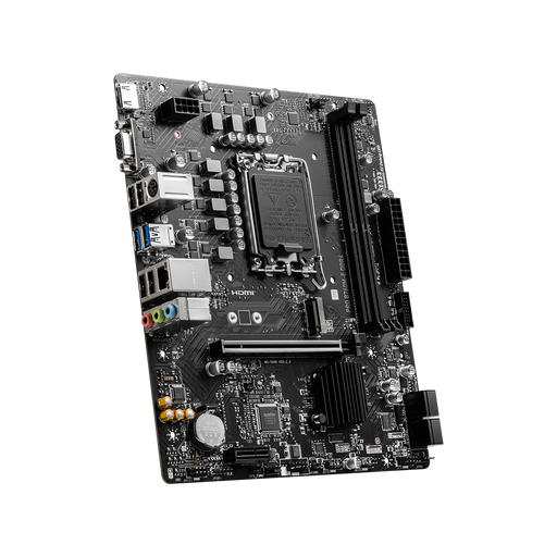 MSI PRO B760M-E DDR4 (MATX) motherboard with its display on a black background.