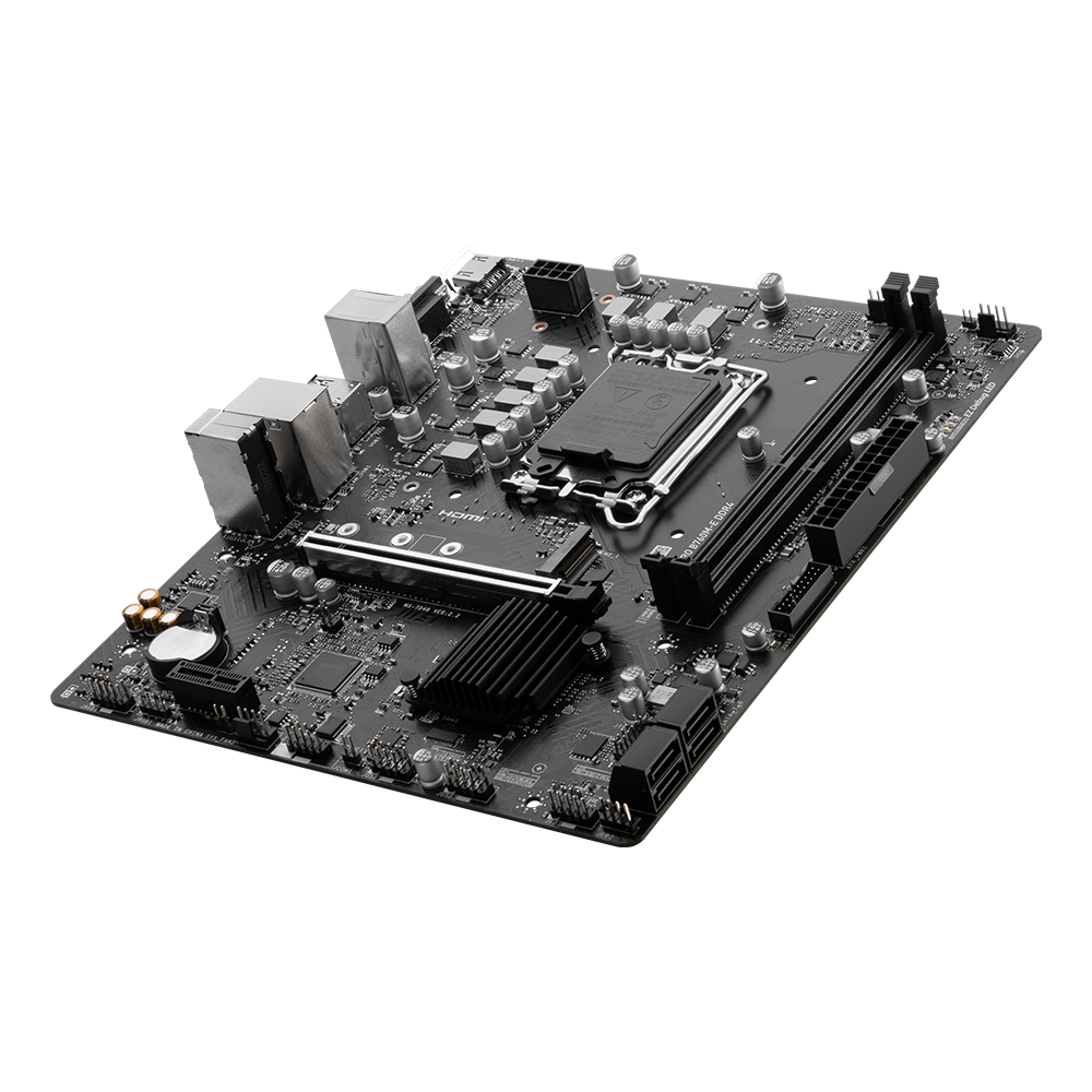 MSI PRO B760M-E DDR4 (MATX) motherboard with its display on a black background.