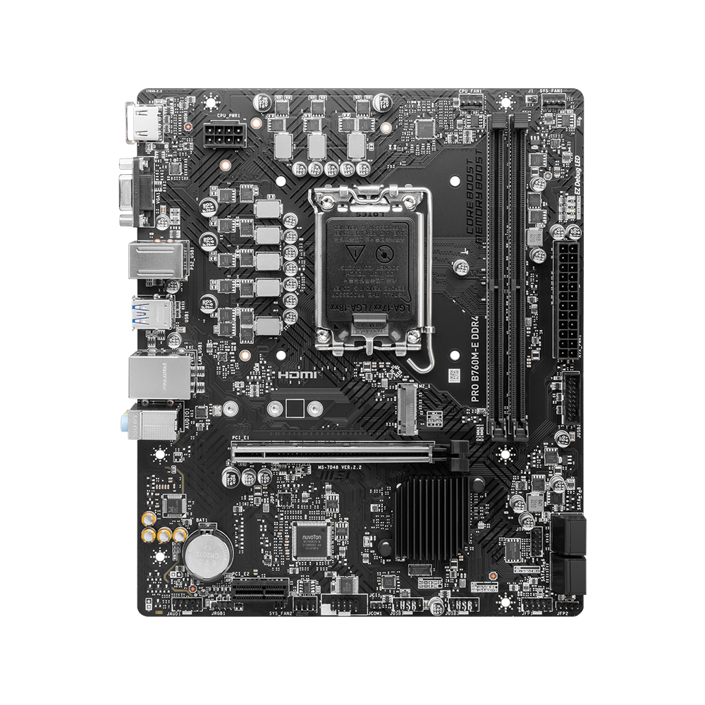 MSI PRO B760M-E DDR4 (MATX) motherboard with its display on a black background.