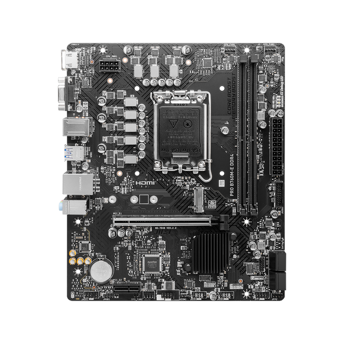 MSI PRO B760M-E DDR4 (MATX) motherboard with its display on a black background.