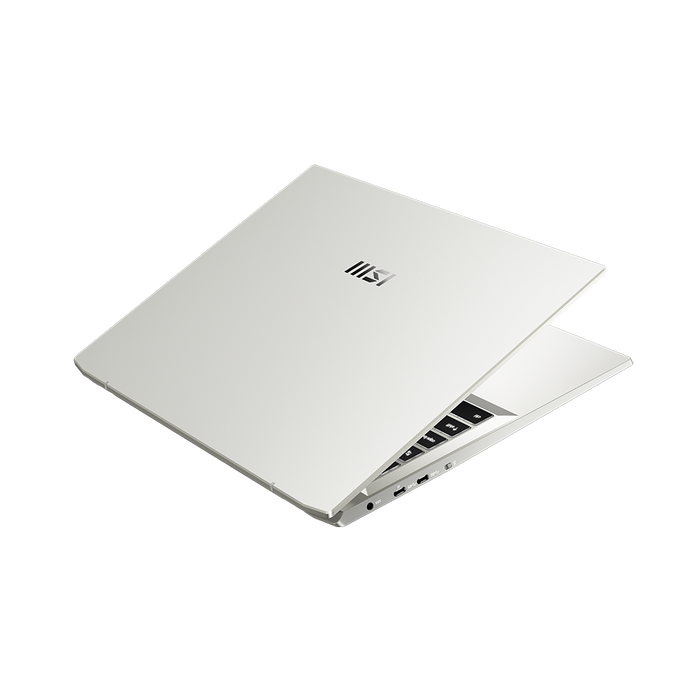 msi embossed logo, 16" 16:10 QHD+ display with a Single Backlit Keyboard (White) and trackpad. Ports: Charging port, Two USB Type-C, Microphone button