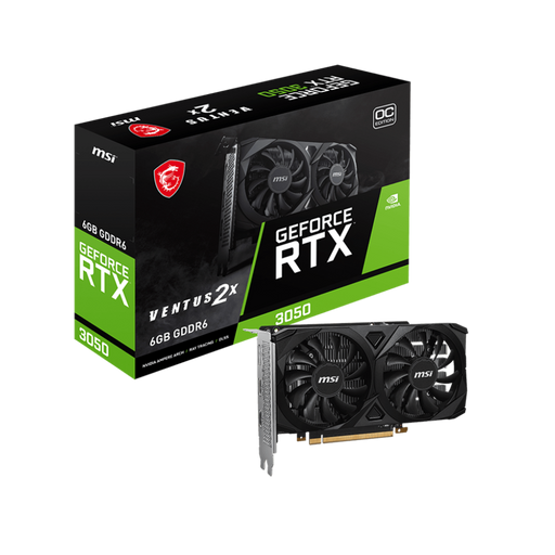 Buy the MSI Ventus GeForce RTX 3050 VENTUS 2X 6G OC video card for enhanced gaming performance with packaging box.