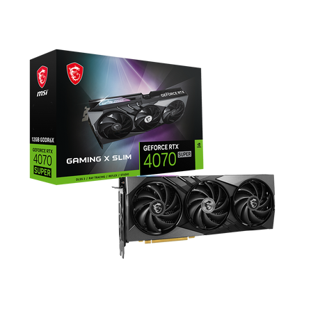 MSI GeForce RTX 4070 Gaming X Slim 12GB GDDR6X, featuring NVIDIA Ada Lovelace for smooth 4K gaming graphics, with packaging box.