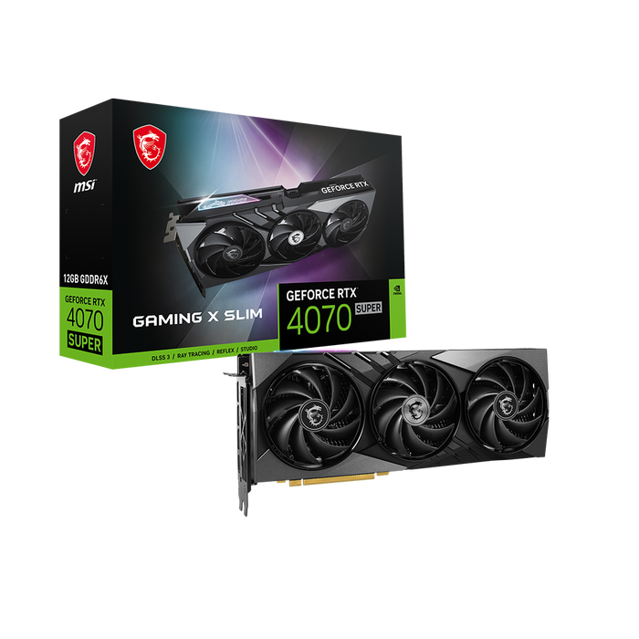 MSI GeForce RTX 4070 Gaming X Slim 12GB GDDR6X, featuring NVIDIA Ada Lovelace for smooth 4K gaming graphics, with packaging box.