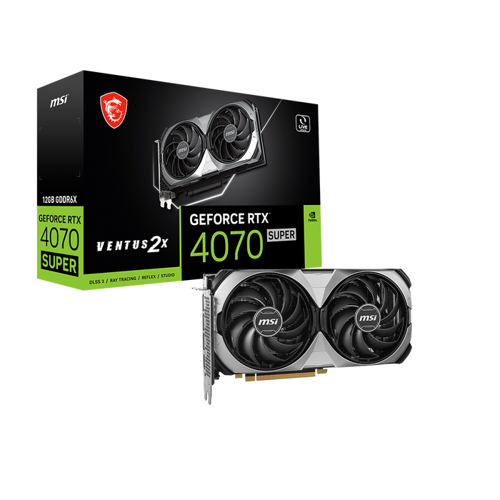 MSI GeForce RTX Super: 12GB GDDR6X, dual fans, large heatsink, 8K/4K support, quiet performance, with packaging box.