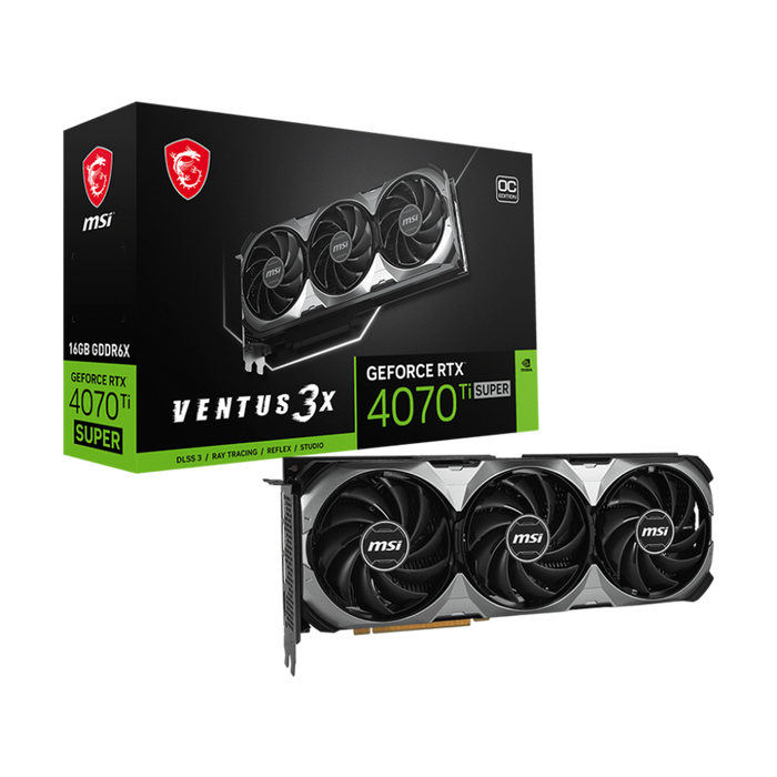 MSI RTX 4070 Ti Super 16G Ventus 3X OC: 2640 MHz, 21 Gbps, 16GB GDDR6X, DP x3, HDMI x1, Triple Fan, TORX Fan 4.0, Zero Frozr, Core Pipe. Packaging Box Included with Hardware Components