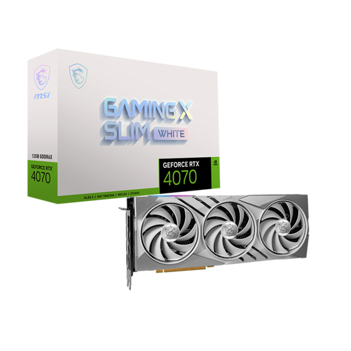 MSI GeForce RTX™ 4070 GAMING X SLIM WHITE 12G. Packaging Box Included with Hardware Components.