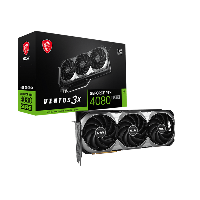 MSI RTX 4080 Super 16GB Ventus 3X OC: 2580 MHz, 23 Gbps, DP x2, HDMI x2, Triple Fan, TORX Fan 4.0, Airflow Control, Core Pipe, Zero Frozr. Packaging Box Included