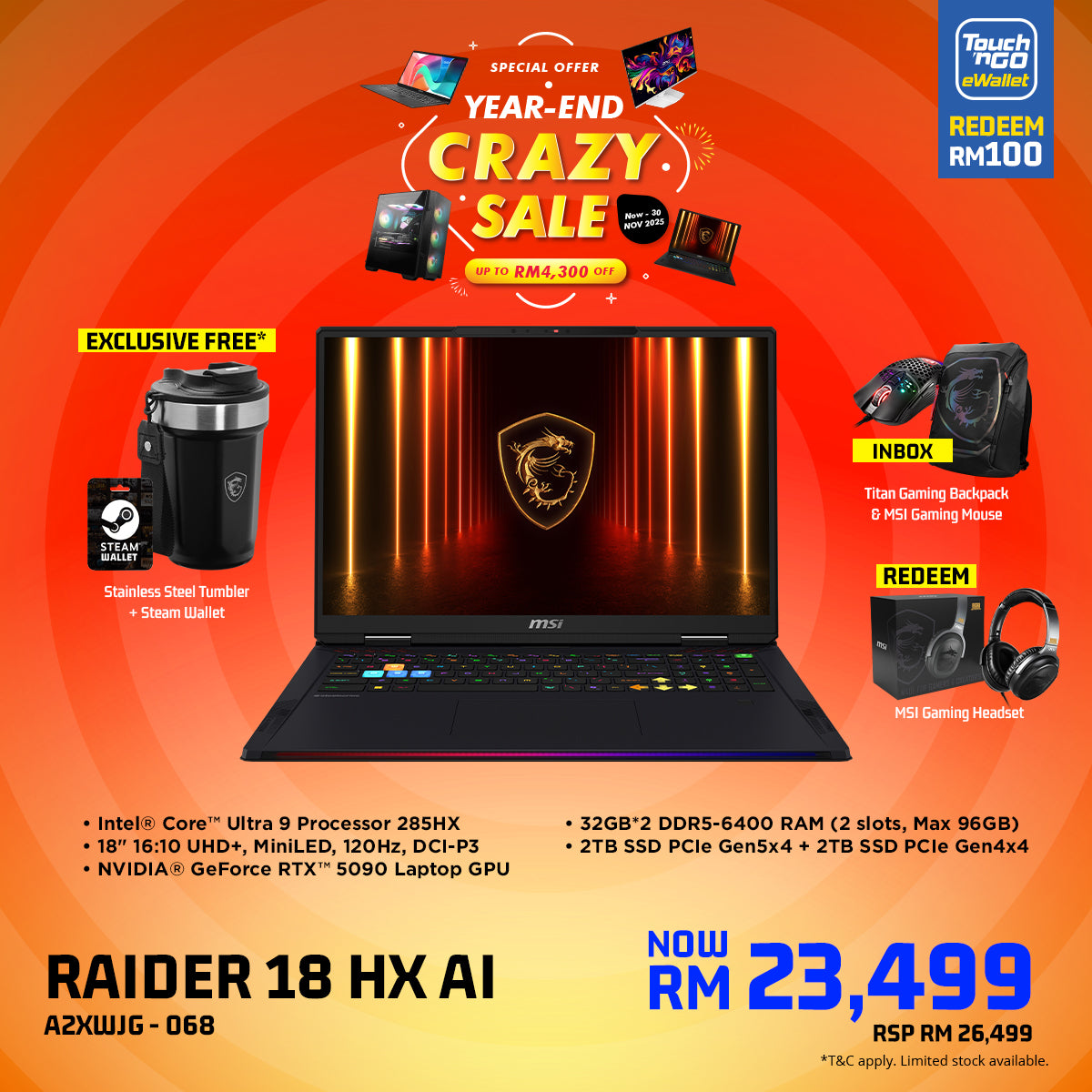 MSI Raider 18 HX AI A2XWJG 068 Gaming Laptop [NVIDIA® GeForce RTX™ 5090 Laptop GPU]