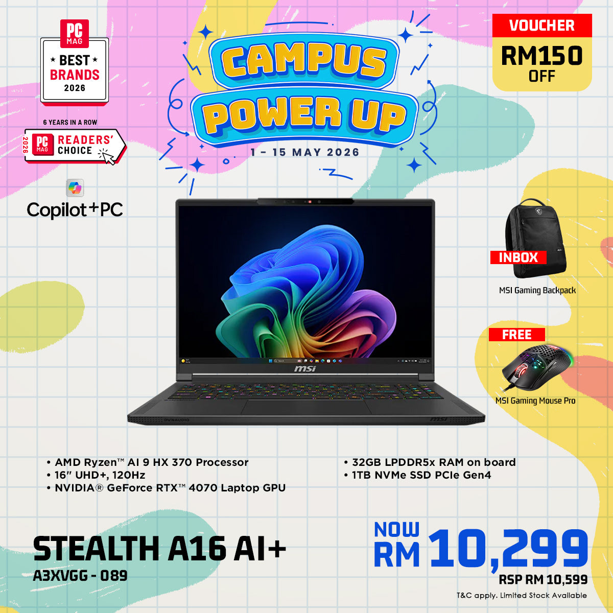 MSI Stealth A16 AI+ A3XVGG 089 Gaming Laptop [NVIDIA® GeForce RTX™ 4070 Laptop GPU]