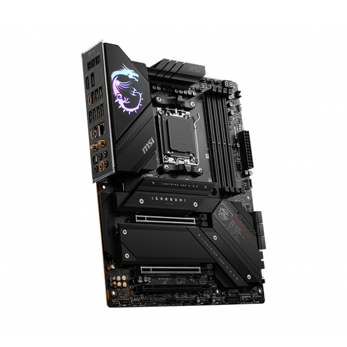 Motherboard supports AMD Ryzen™ processors, DDR5 memory, PCIe 5.0, M.2 storage, ARGB lighting, and includes 3-year warranty.
