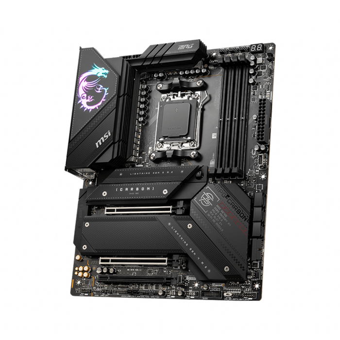 Motherboard supports AMD Ryzen™ processors, DDR5 memory, PCIe 5.0, M.2 storage, ARGB lighting, and includes 3-year warranty.
