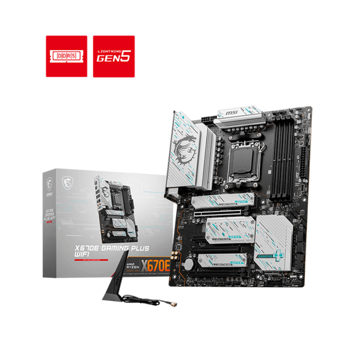 X670E Gaming Plus Wifi ATX AMD Gaming motherboard with its packaging box displayed on a black background.