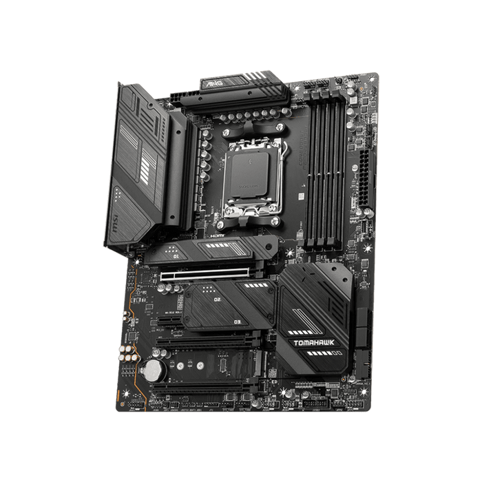 MSI MAG X670E Tomahawk Wifi ATX AM5 Gaming Motherboard Displayed On A Black Background.