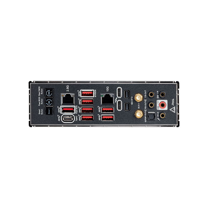 MSI MEG Z790 Godlike Max E-ATX Gaming Motherboard I/O Ports Displayed On A Black Background.