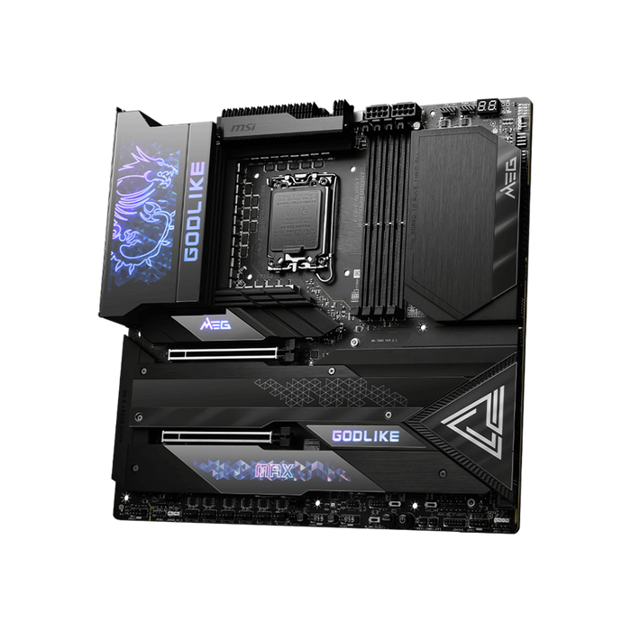 MSI MEG Z790 Godlike Max E-ATX Gaming Motherboard Displayed On A Black Background.