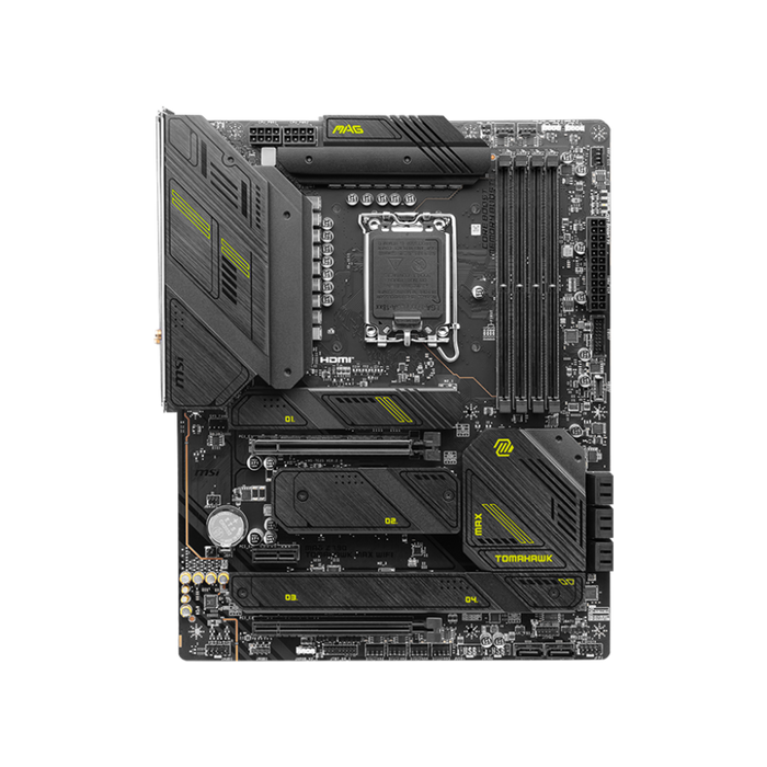 MAG Z790 TOMAHAWK MAX WIFI ATX Gaming Motherboard Displayed On A Black Background.