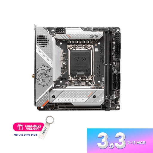 MSI MPG Z790I Edge Wifi ITX motherboard supports AM5, DDR5 x 4, M.2 x 2, PCIEx16 x 2, RGB x 2, ARGB x 2, with a 3-year warranty.