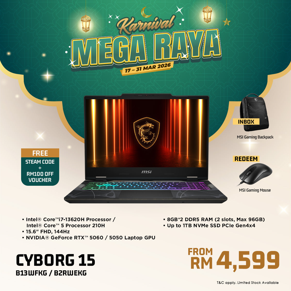 MSI Cyborg 15 B2RWEKG 225 Gaming Laptop [NVIDIA® GeForce RTX™ 5050 Laptop GPU]