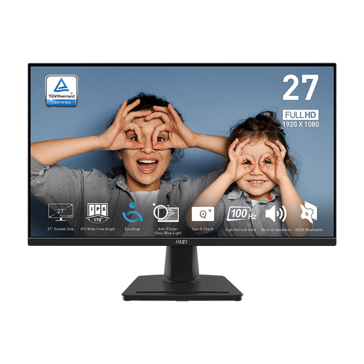 27 inch FHD IPS, 1ms MPRT, 100Hz refresh, FreeSync, TÜV certified, HDMI/D-Sub, VESA mount, built-in speakers.