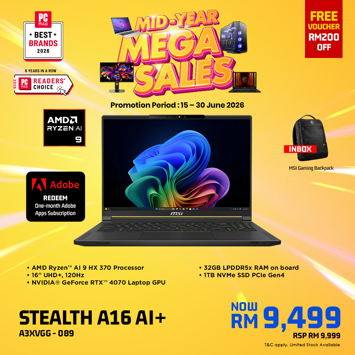 MSI Stealth A16 AI+ A3XVGG 089 Gaming Laptop