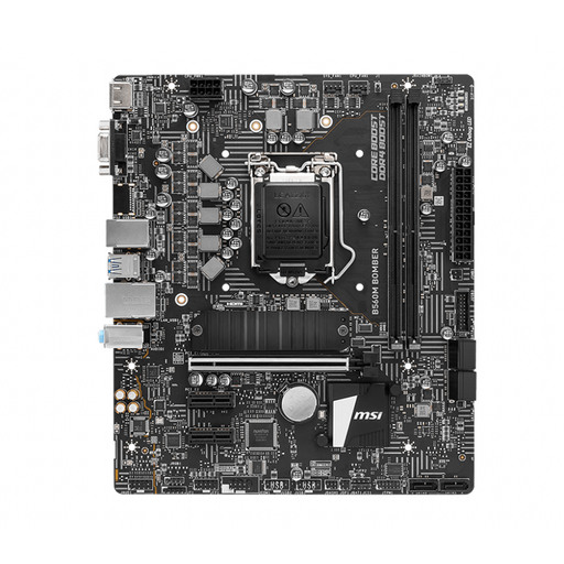 MSI B560M BOMBER (MATX) motherboard with its packaging box displayed on a black background.