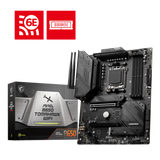 MSI MAG B650 Tomahawk Wifi ATX AM5 Gaming Motherboard with its packaging box displayed on a black background 
