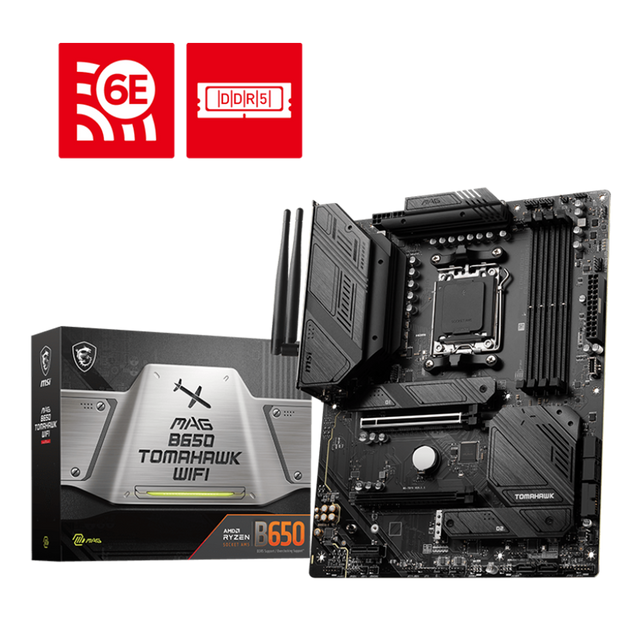 MSI MAG B650 Tomahawk Wifi ATX AM5 Gaming Motherboard with its packaging box displayed on a black background 