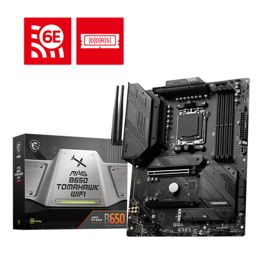 MSI MAG B650 Tomahawk Wifi ATX AM5 Gaming Motherboard with its packaging box displayed on a black background 