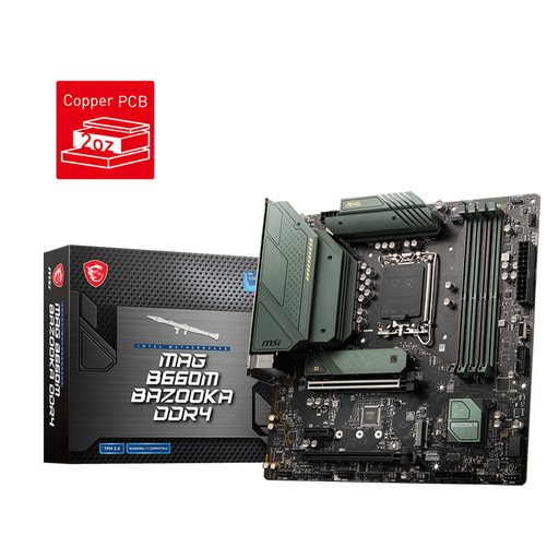 MSI MAG B660M BAZOOKA DDR4 (MATX): LGA1700, RAM x 4, M.2 x 2, PCIe x16 x 2, RGB x 1, ARGB x 2, 3Y warranty.