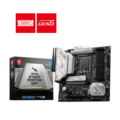 MSI MAG B760M Mortar Wifi MaTX Gaming Motherboard: LGA1700, MATX, M.2 x 2, PCIEx16 x 2, ARGB x 2, RGB x 1, 3Y WARRANTY.