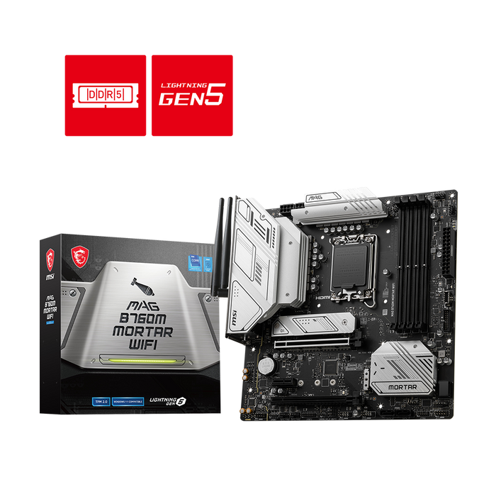 MSI MAG B760M Mortar Wifi MaTX Gaming Motherboard: LGA1700, MATX, M.2 x 2, PCIEx16 x 2, ARGB x 2, RGB x 1, 3Y WARRANTY.